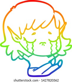 rainbow gradient line drawing of a cartoon crying elf girl
