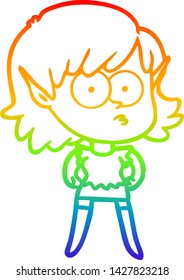 rainbow gradient line drawing of a cartoon elf girl staring