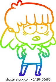 rainbow gradient line drawing of a cartoon tired woman