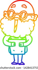 rainbow gradient line drawing of a cartoon joyful man with beard and book