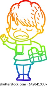 rainbow gradient line drawing of a cartoon woman talking