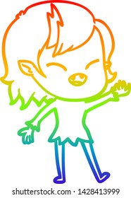 rainbow gradient line drawing of a cartoon laughing vampire girl