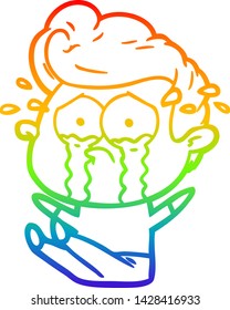 rainbow gradient line drawing of a cartoon crying man sat on floor