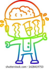 rainbow gradient line drawing of a cartoon crying robot