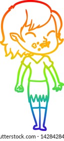 rainbow gradient line drawing of a cartoon vampire girl with blood on cheek