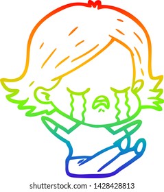 rainbow gradient line drawing of a cartoon girl crying