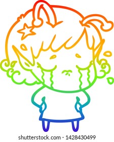 rainbow gradient line drawing of a cartoon crying alien girl