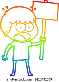 rainbow gradient line drawing of a cartoon shocked man with placard