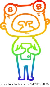 dibujo de una línea de gradiente de arco iris de una caricatura extraño alien comunicándose