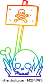 rainbow gradient line drawing of a cartoon skull bones and warning sign