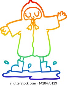 rainbow gradient line drawing of a cartoon person splashing in puddle wearing rain coat