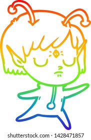 rainbow gradient line drawing of a cartoon alien girl