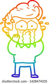 rainbow gradient line drawing of a cartoon crying man