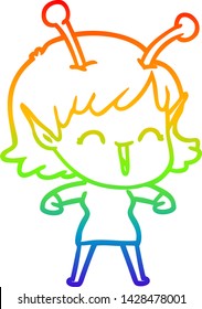 rainbow gradient line drawing of a cartoon alien girl laughing