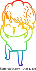 rainbow gradient line drawing of a cartoon laughing woman