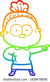 rainbow gradient line drawing of a cartoon happy old woman
