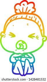 desenho de linha de gradiente do arco-íris de um desenho animado mulher velha irritada
