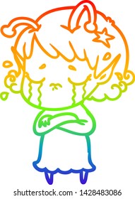 rainbow gradient line drawing of a cartoon crying alien girl
