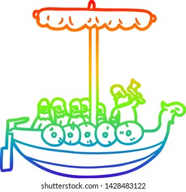 Regenbogen-Farbverlauf-Linie Zeichnung einer Cartoon-Wikings segeln