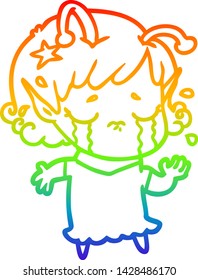 rainbow gradient line drawing of a cartoon crying alien girl