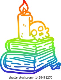rainbow gradient line drawing of a cartoon spooky old spell books