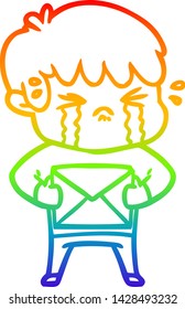rainbow gradient line drawing of a cartoon boy crying