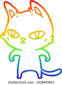 dibujo de una línea de gradiente de arco iris de un gato de dibujos animados con ojos brillantes