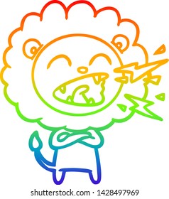 rainbow gradient line drawing of a cartoon roaring lion