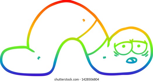 dibujo de línea de gradiente de arco iris de un gusano cansado de dibujos animados