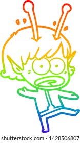 rainbow gradient line drawing of a cartoon shocked alien girl