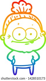 rainbow gradient line drawing of a cartoon happy old woman