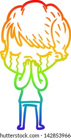 rainbow gradient line drawing of a cartoon woman crying