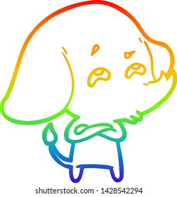 dibujo de una línea de gradiente de arco iris de un elefante de dibujos animados recordando