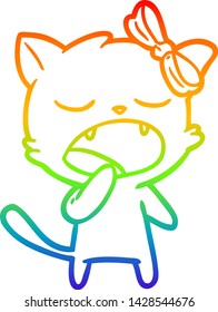rainbow gradient line drawing of a cartoon yawning cat