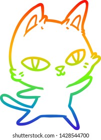 rainbow gradient line drawing of a cartoon cat staring