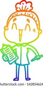 rainbow gradient line drawing of a cartoon happy old lady