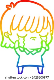 Regenbogen-Farbverlauf-Linie Zeichnung einer Cartoon-Frau weinen