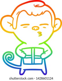 rainbow gradient line drawing of a cartoon suspicious monkey with present