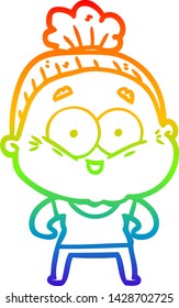 rainbow gradient line drawing of a cartoon happy old woman
