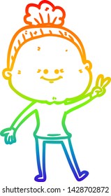 rainbow gradient line drawing of a cartoon happy old woman