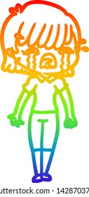 rainbow gradient line drawing of a cartoon girl crying