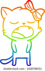 dibujo de una línea de gradiente de arco iris de un gato de dibujos animados empotrado