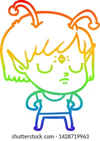 rainbow gradient line drawing of a cartoon alien girl