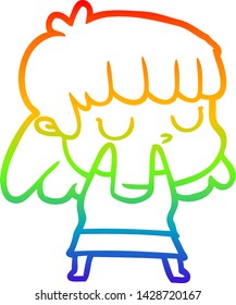 rainbow gradient line drawing of a cartoon indifferent woman