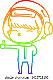 rainbow gradient line drawing of a cartoon curious astronaut giving thumbs up