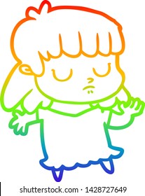 rainbow gradient line drawing of a cartoon indifferent woman