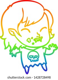 Regenbogen-Farbverlauf-Linie Zeichnung eines Cartoon Vampir Mädchen mit Blut auf Wange