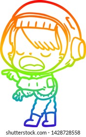 rainbow gradient line drawing of a cartoon astronaut woman pointing and talking