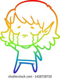 rainbow gradient line drawing of a cartoon crying elf girl