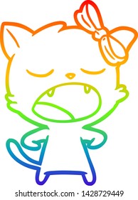 dibujo de una línea de gradiente de arco iris de un gato bostezador de dibujos animados